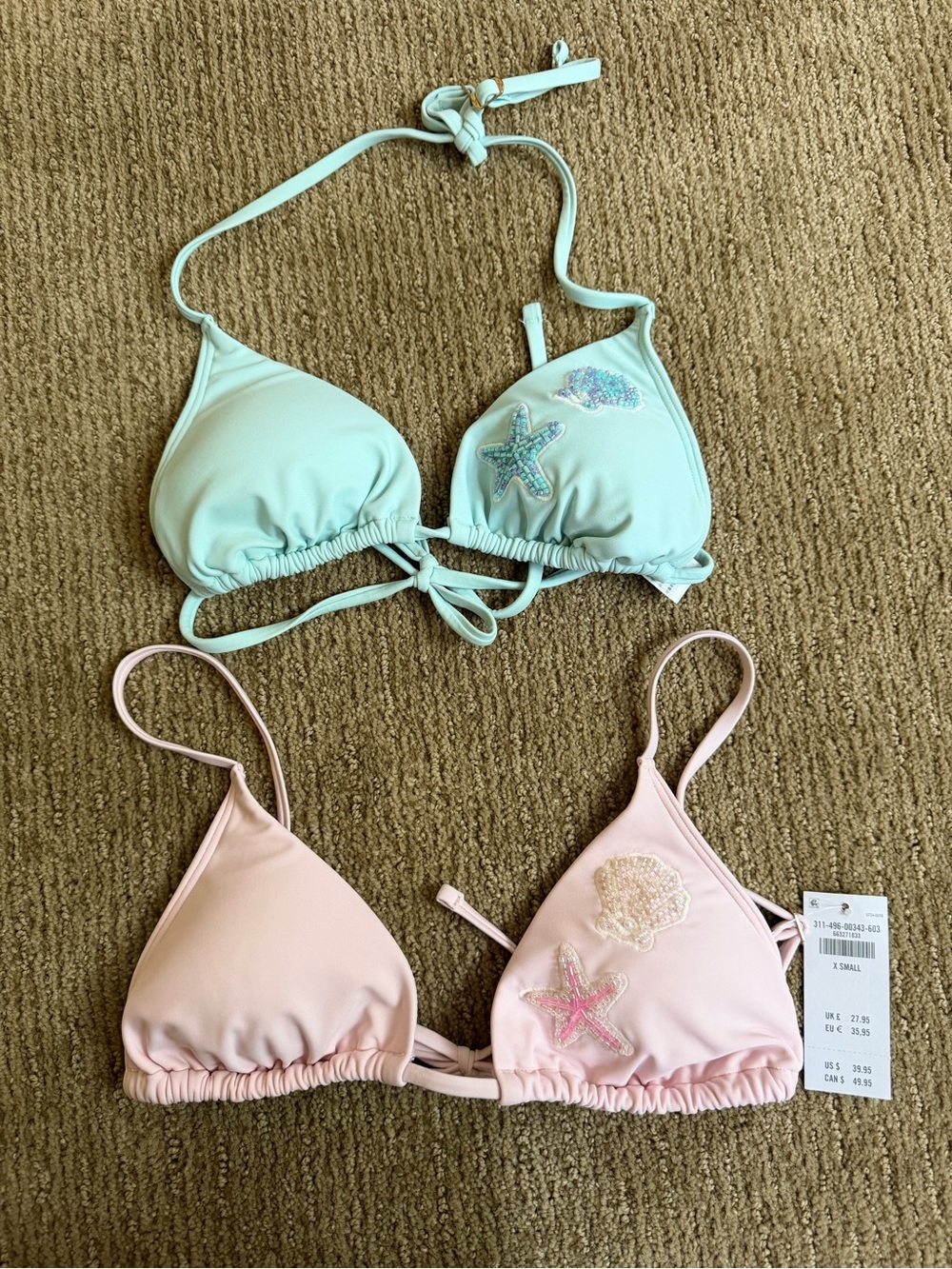 Hollister Seafoam Green & Light Pink Triangle Bikini Tops